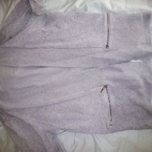 Carmen Marc Valvo Open Front Ribbed Zipper Pocket Cardigan - Gray - Large